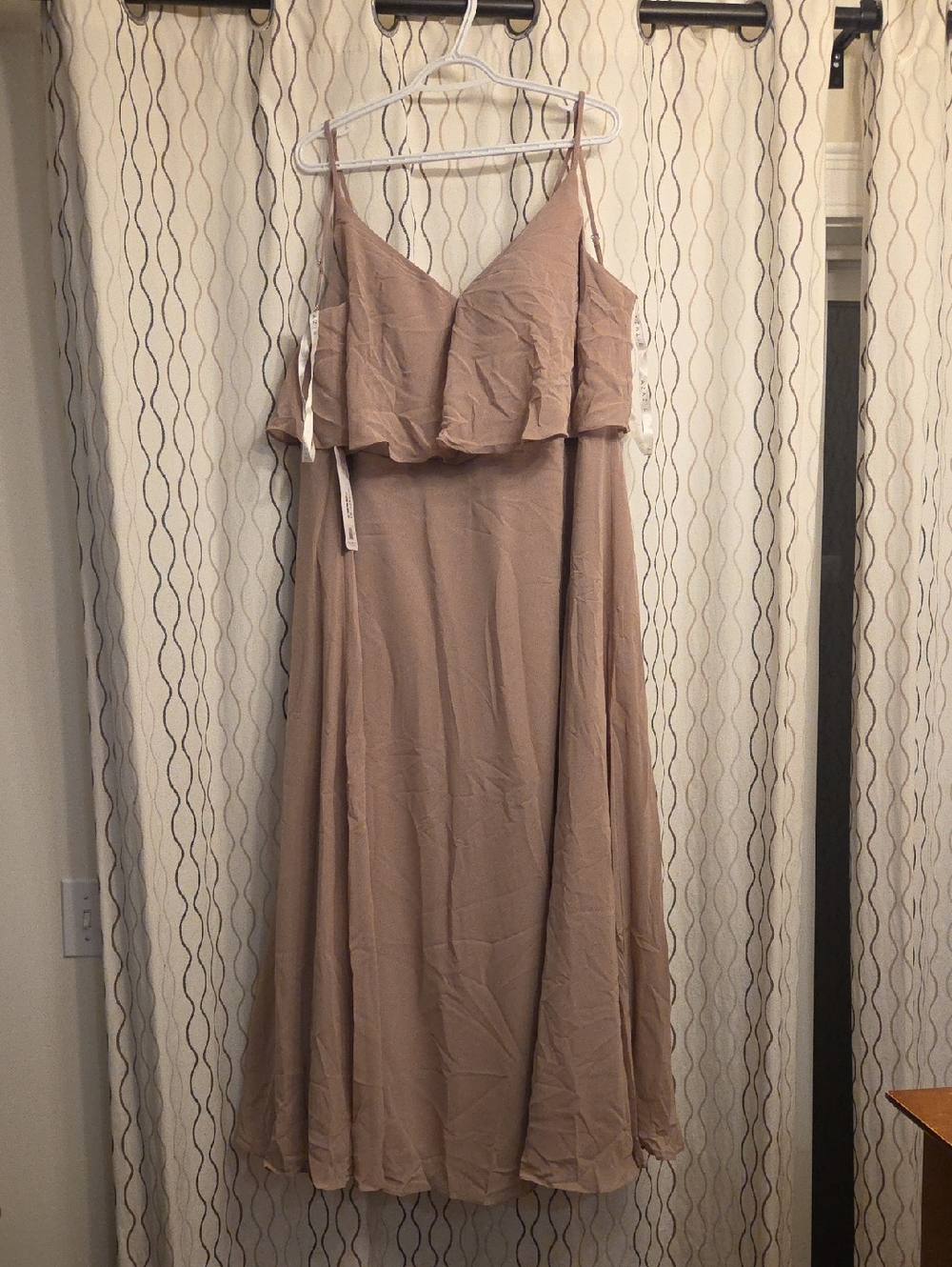 Azazie Bridesmaid Dress Beige Ruffle Bodice Spaghetti-Strap Maxi Dress - Desiree